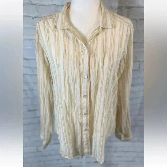 Abercrombie & Fitch Woman’s L Long Sleeve Crinkle‎ Top Yellow White Button shirt - Picture 13 of 14
